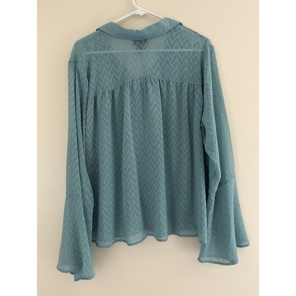 Wrangler Retro Women’s Blouse Turquoise Bell Sleeves Sheer Button-Up Large - Picture 2 of 5